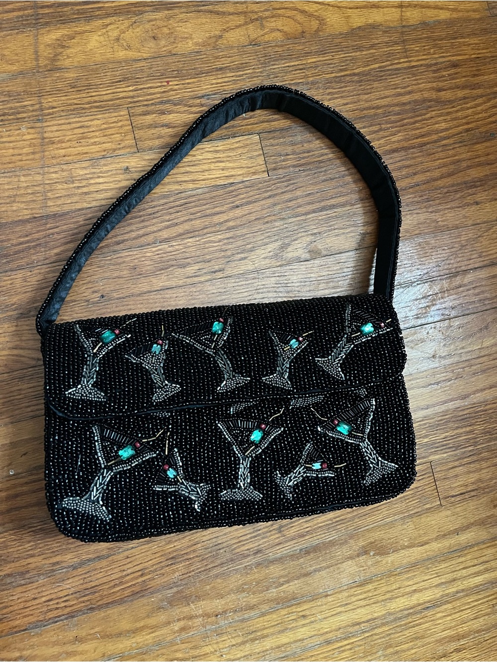 Beaded Black Evening Shoulder Bag with Turquoise Accents